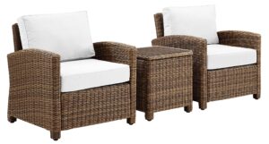 crosley furniture bradenton 3-piece wicker outdoor chair set with side table and sunbrella patio cushions, brown with sunbrella cushions