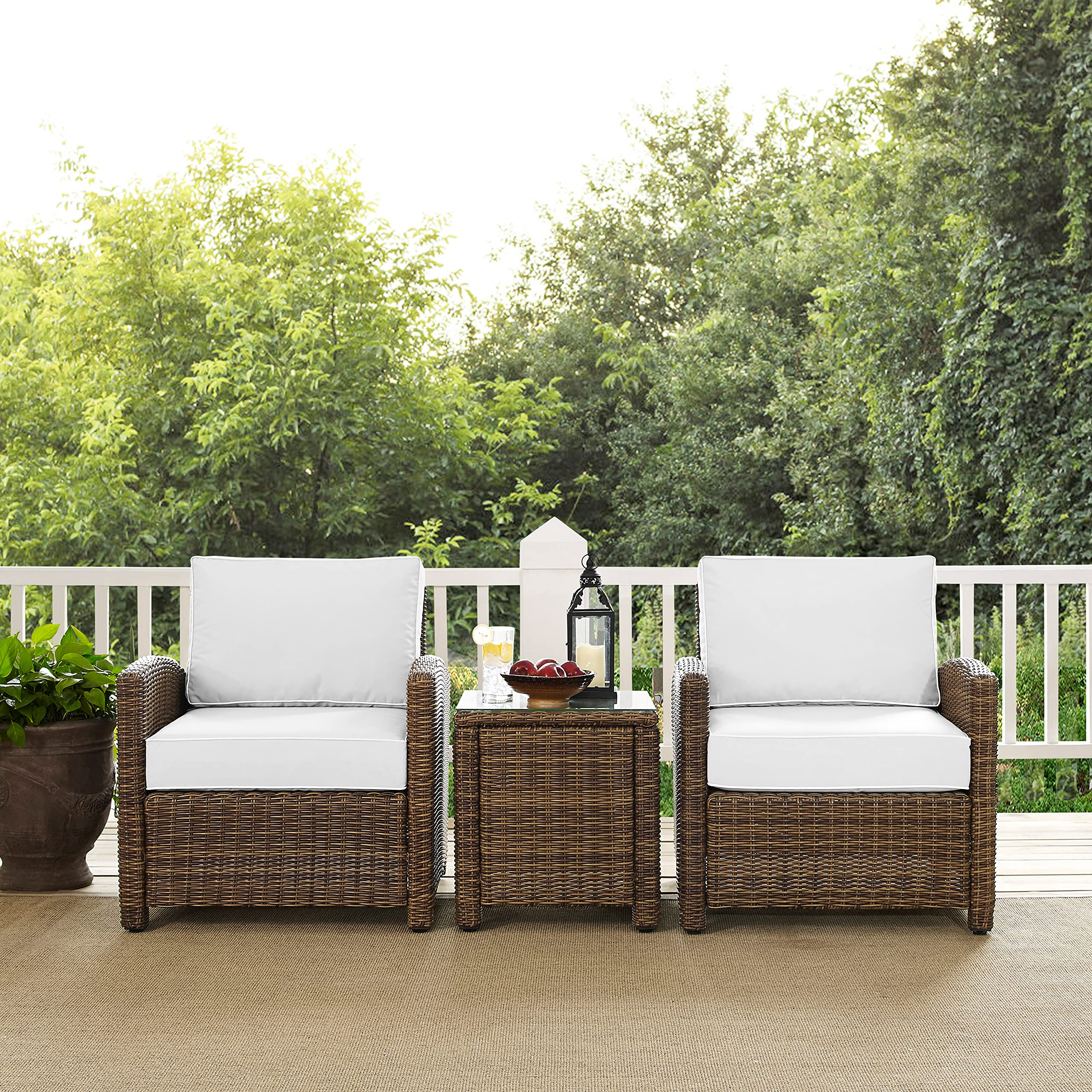 Crosley Furniture Bradenton 3-Piece Wicker Outdoor Chair Set with Side Table and Sunbrella Patio Cushions, Brown with Sunbrella Cushions