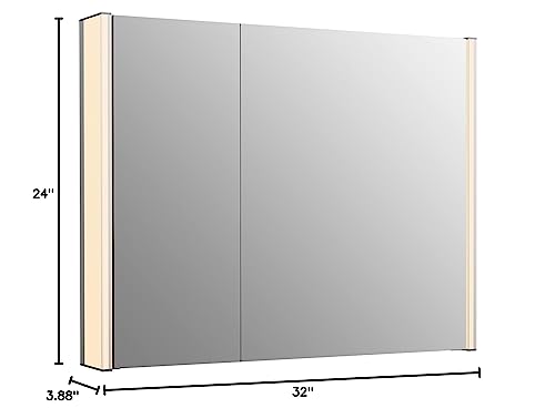 KOHLER K-81146-SLE-DA1 Maxstow Medicine Cabinet with LED Light, Mirror Doors & Staggered Shelves, Rectangular Frame, 32" x 24"