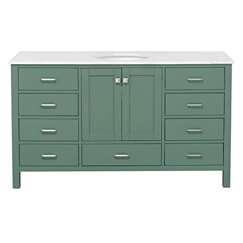 Kitchen Bath Collection Horizon 60-inch Single Bathroom Vanity (Engineered Carrara/Sage Green): Includes Sage Green Cabinet with Engineered Carrara Countertop and White Ceramic Sink