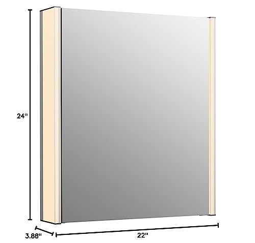 KOHLER K-81145-SLE-DA1 Maxstow Medicine Cabinet with LED Light, Mirror Door & Staggered Shelves, Rectangular Frame, 22" x 24"