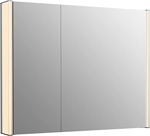 KOHLER K-81146-SLE-DA1 Maxstow Medicine Cabinet with LED Light, Mirror Doors & Staggered Shelves, Rectangular Frame, 32" x 24"