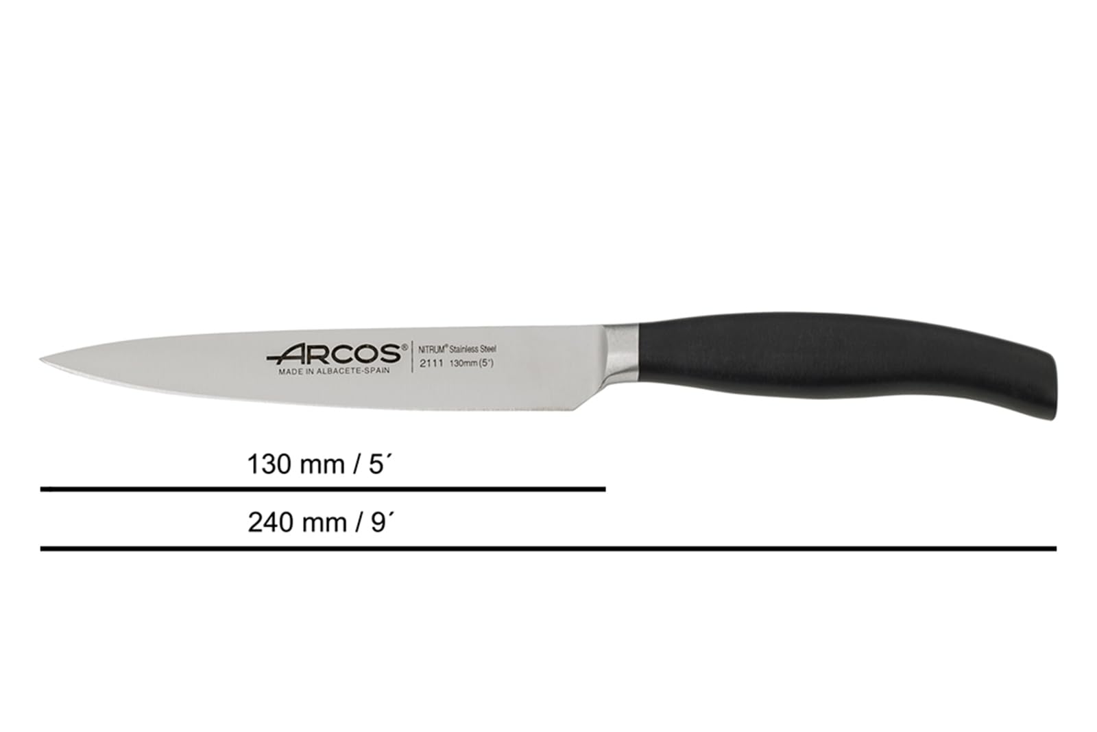 ARCOS Forged Vegetable Knife 5 Inch Stainless Steel 130 mm blade. Professional Knife for Peeling Fruits and Vegetable. Ergonomic Polyoxymethylene POM Handle. Series Clara. Color Black