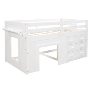 Bellemave Low Loft Beds with 3 Drawers Twin Loft Bed Frame with Cabinet and Bedside Tray Wood Farmhouse Loft Bed for Kids Girls Boys Teens, White