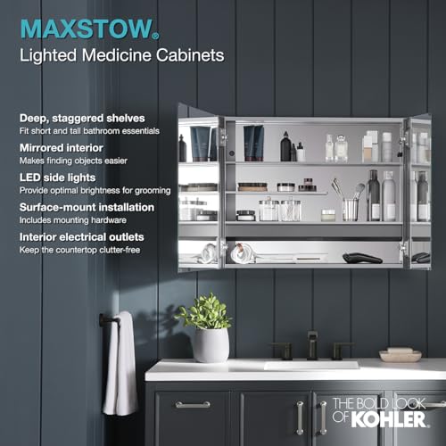 KOHLER K-81147-SLE-DA1 Maxstow Medicine Cabinet with LED Light, Mirror Door & Staggered Shelves, Rectangular Frame, 17" x 40"