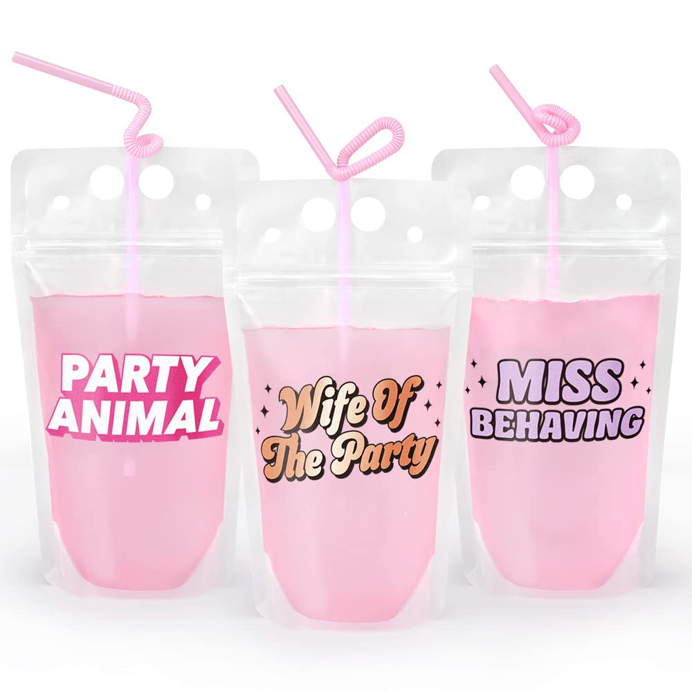 xo, Fetti Bachelorette Party Drink Pouches - 16 count | Bachelorette Party Cups, Bridesmaid Names Decorations, Maid of Dishonor Favors, Miss Behaving