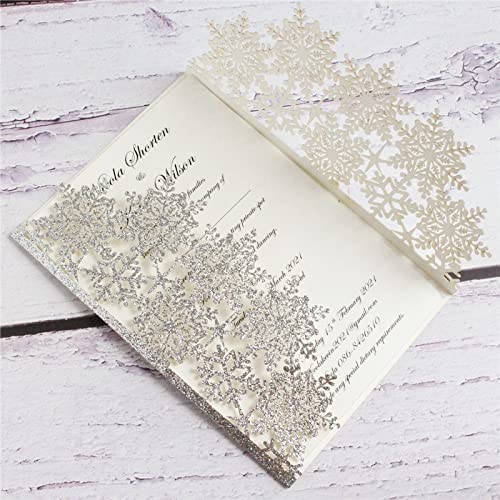 Cylallen 20 sets Snowflake Laser Cut Wedding Invitations Cards Bridal Shower Invitation Cards with ribbon,Birthday Invite Cover,Graduation Invite (Giltter Silver, Whole set)