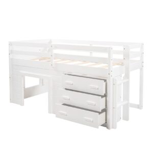 Bellemave Low Loft Beds with 3 Drawers Twin Loft Bed Frame with Cabinet and Bedside Tray Wood Farmhouse Loft Bed for Kids Girls Boys Teens, White