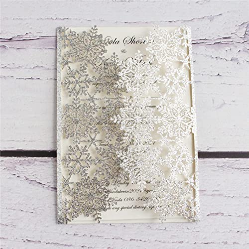 Cylallen 20 sets Snowflake Laser Cut Wedding Invitations Cards Bridal Shower Invitation Cards with ribbon,Birthday Invite Cover,Graduation Invite (Giltter Silver, Whole set)