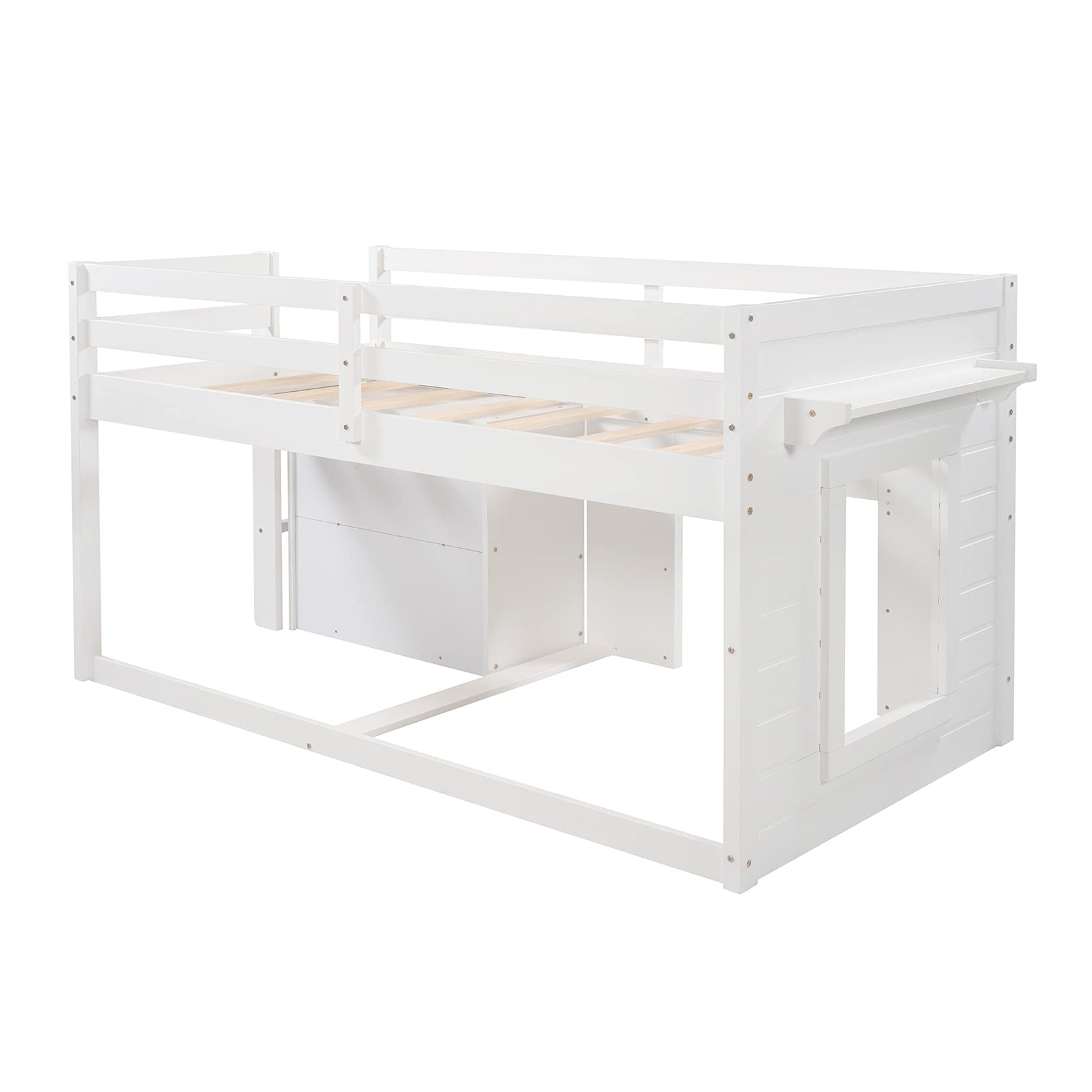 Bellemave Low Loft Beds with 3 Drawers Twin Loft Bed Frame with Cabinet and Bedside Tray Wood Farmhouse Loft Bed for Kids Girls Boys Teens, White