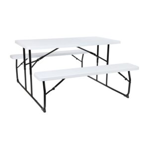 flash furniture insta-fold picnic table - white wood grain folding picnic table bench set for adults - 4.5 foot folding table