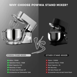 Stand Mixer, POWWA 7.5 Quart Electric Mixer, 6+1 Speed 660W Tilt-Head Kitchen Food Mixers with Whisk, Dough Hook, Mixing Beater & Splash Guard for Baking, Cake, Cookie (Silver-with Handle)