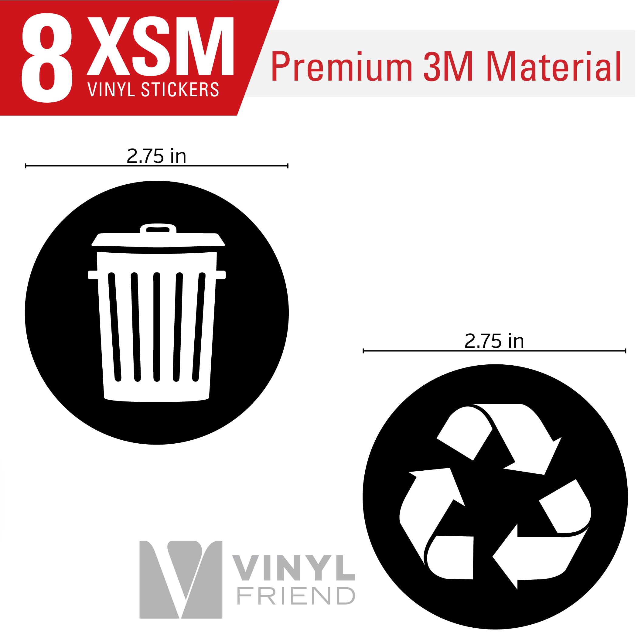 Recycle and Trash Logo Stickers 8 Pack - 2.5in Circle - for Metal or Plastic Garbage cans, and Bins - Indoor & Outdoor - Laminated and UV Protected Premium Decal (Black, XSmall)