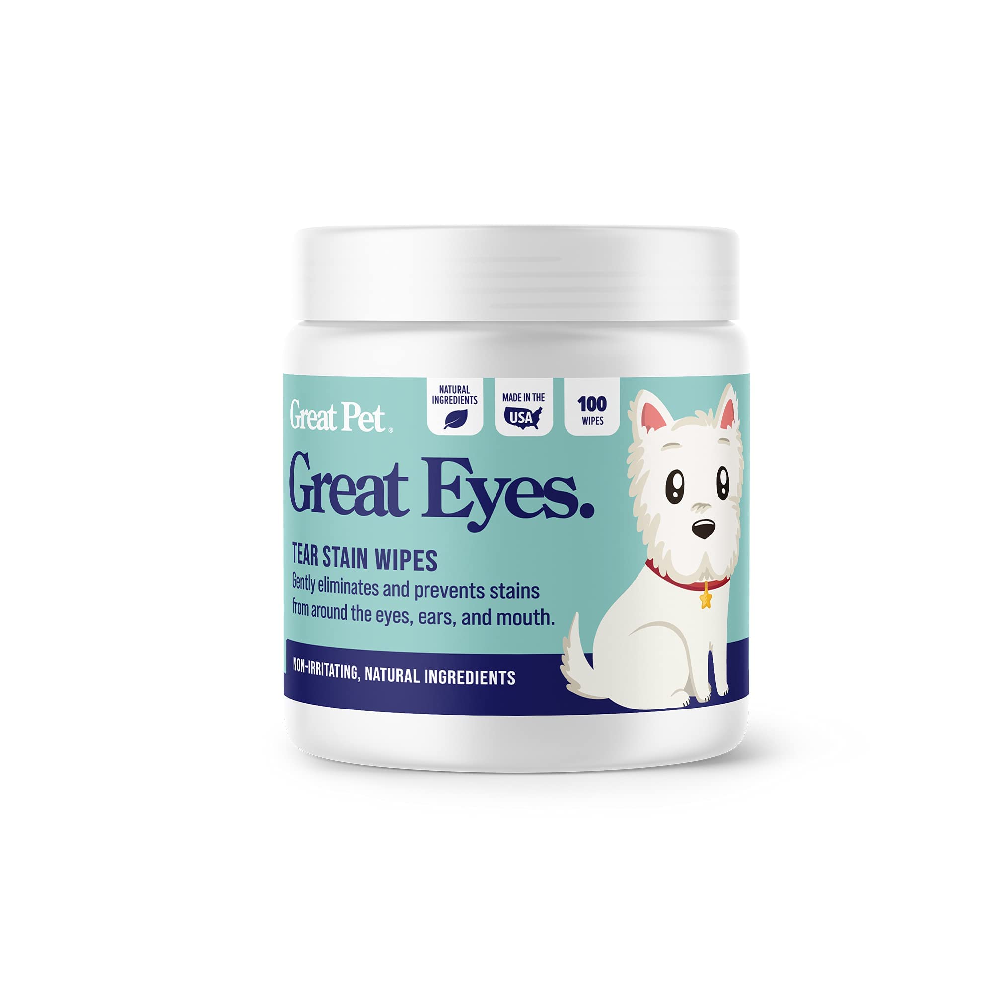 Great Pets - Great Eyes - Safe & Gentle Tear Stain Remover for Dogs - Natural Eye Wipes for Dogs - Made in The USA & Easy to Use Pre-Soaked Wipes - 100 Wipes