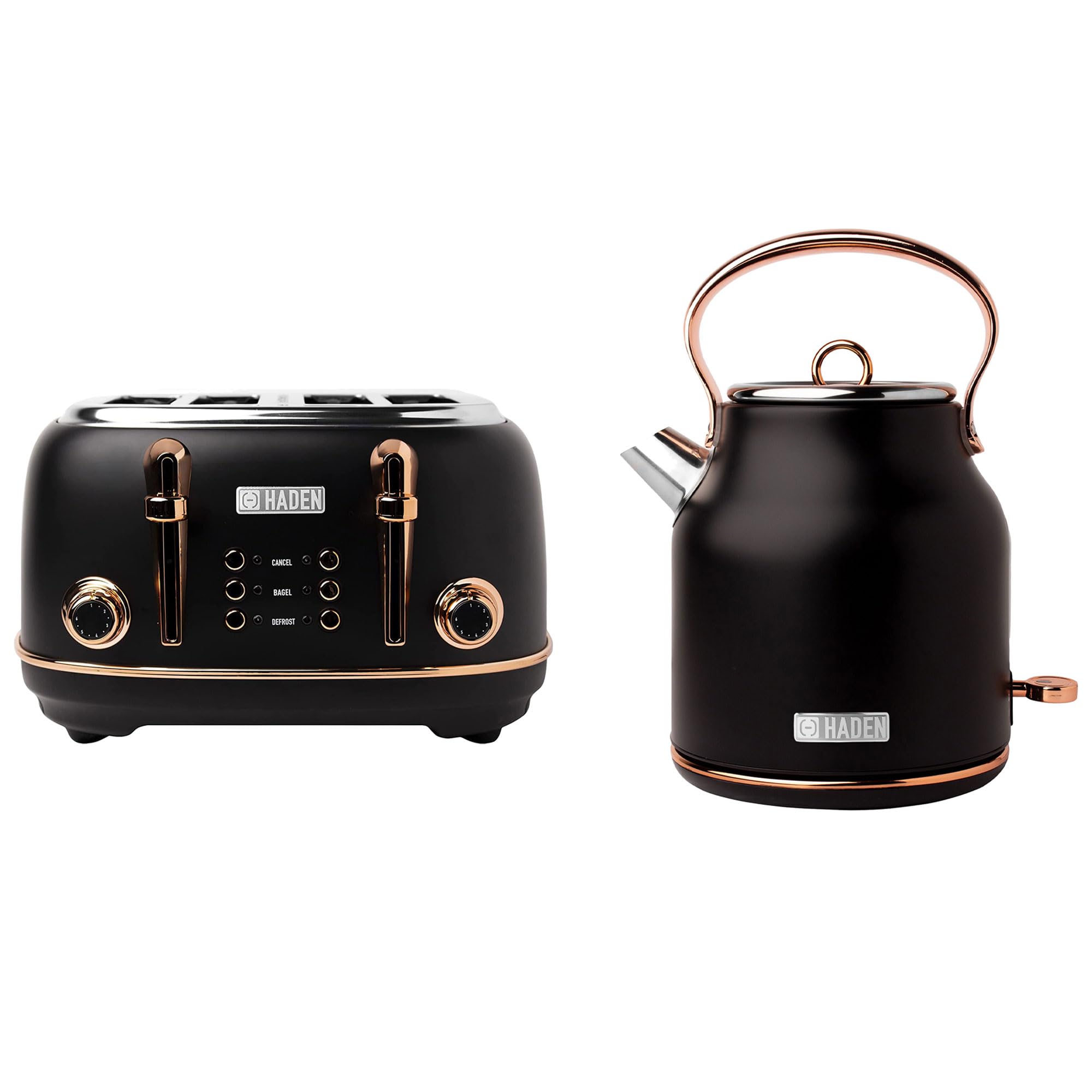 Haden Heritage Series Stainless Steel Electric Water and Tea Kettle & 4 Slice Wide Slot Stainless Steel Toaster Kitchen Bundle Set, Black and Copper