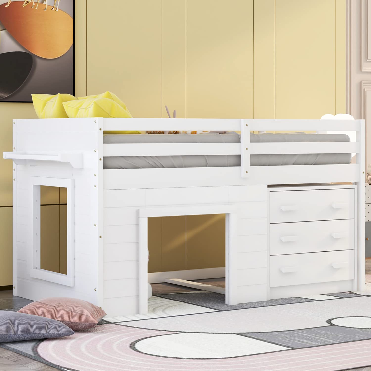 Bellemave Low Loft Beds with 3 Drawers Twin Loft Bed Frame with Cabinet and Bedside Tray Wood Farmhouse Loft Bed for Kids Girls Boys Teens, White