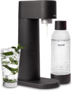 mysoda woody sparkling water maker - silent carbonated water machine made of renewable wood composite and 1l water bottle - without co2 cylinder - seltzer maker machine - colour black