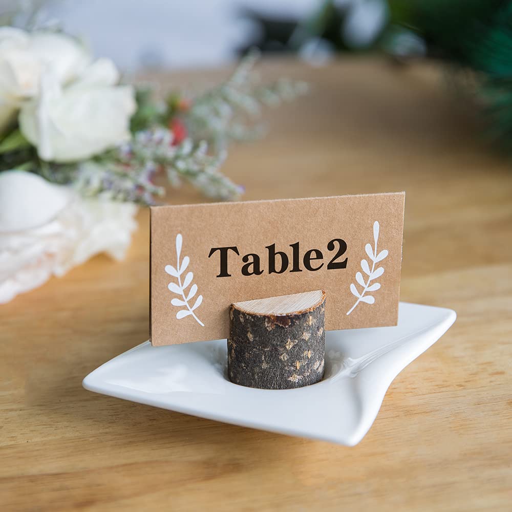 Jofefe 20Pcs Wood Place Card Holders and 24Pcs Kraft Table Place Cards, Rustic Table Number Holders, Food Labels, Name Card Photo Picture Holders for Harvest Fall Thanksgiving Wedding Birthday Party.