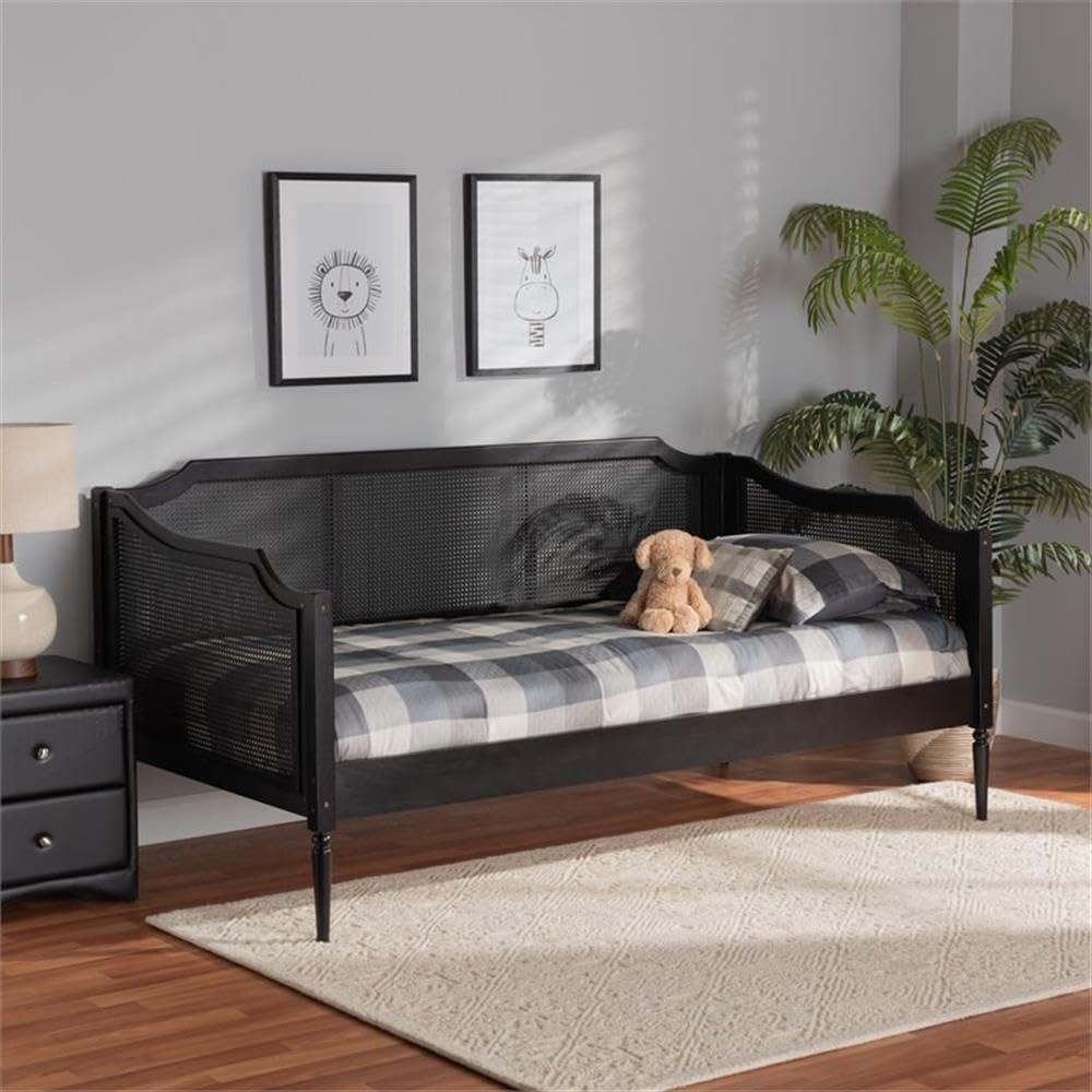 Baxton Studio Hancock Mid-Century Modern Charcoal Finished Wood and Synthetic Rattan Twin Size Daybed