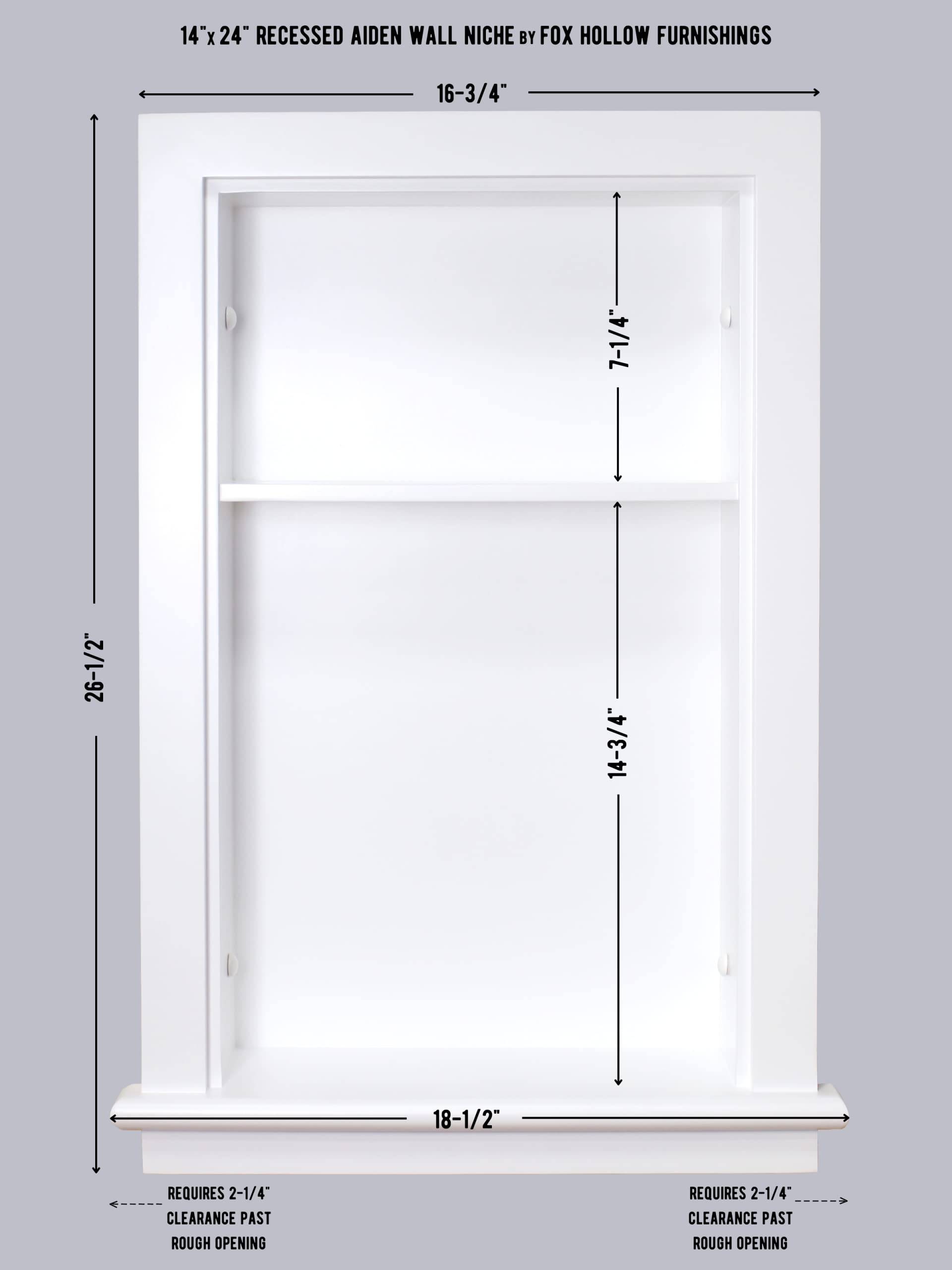 Fox Hollow Furnishings 14x24 Recessed Aiden Wall Niche - Wall Shelf for Storage and Home Decor, 1 Shelf (White W/Plain Back)