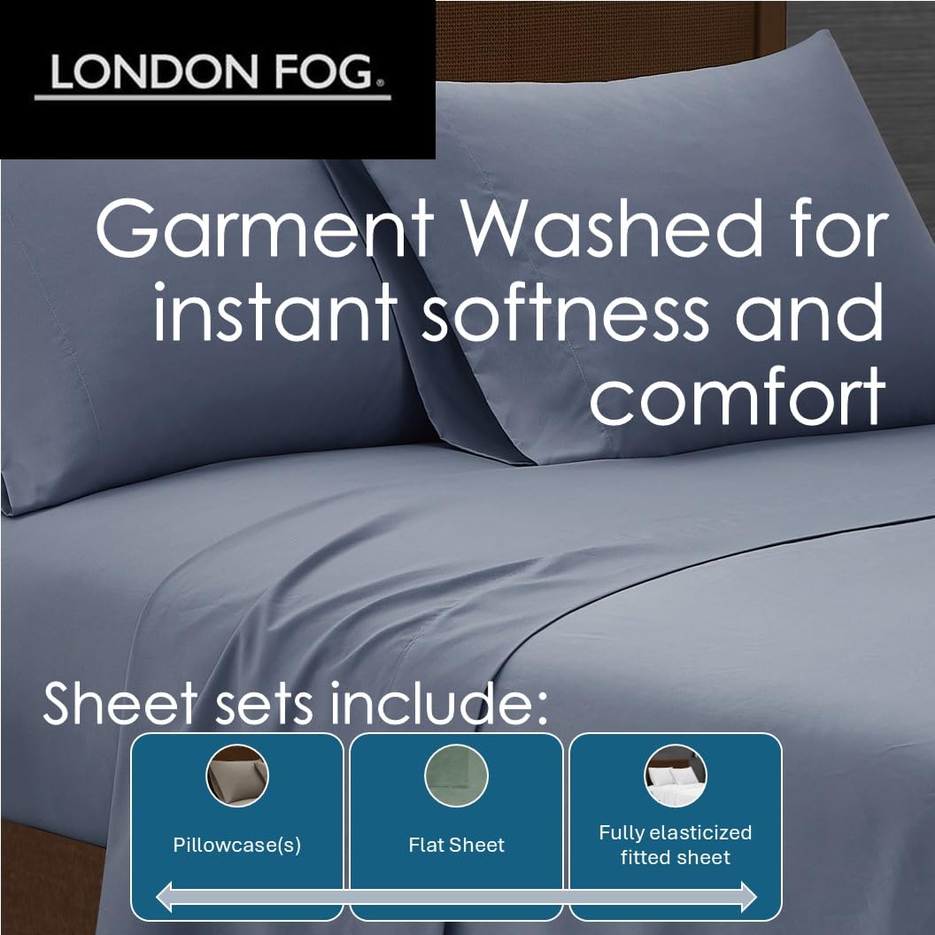 LONDON FOG Garment Washed Solid Duvet Set Blue Microfiber 3-Piece King Duvet Set, Solid Themed, Adult and Teen, Oeko-TEX Certified