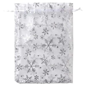 SUNGULF 50Pcs 8x12 Inches Sheer Organza Drawstring Pouches Christmas Jewelry Candy Wedding Favor Party Gift Bags (White Snowflake)