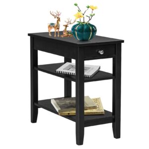 giantex end table with drawer, narrow side table with 2-tier open storage shelves, slim side end table compact nightstand bedside table for living room bedroom small space, black