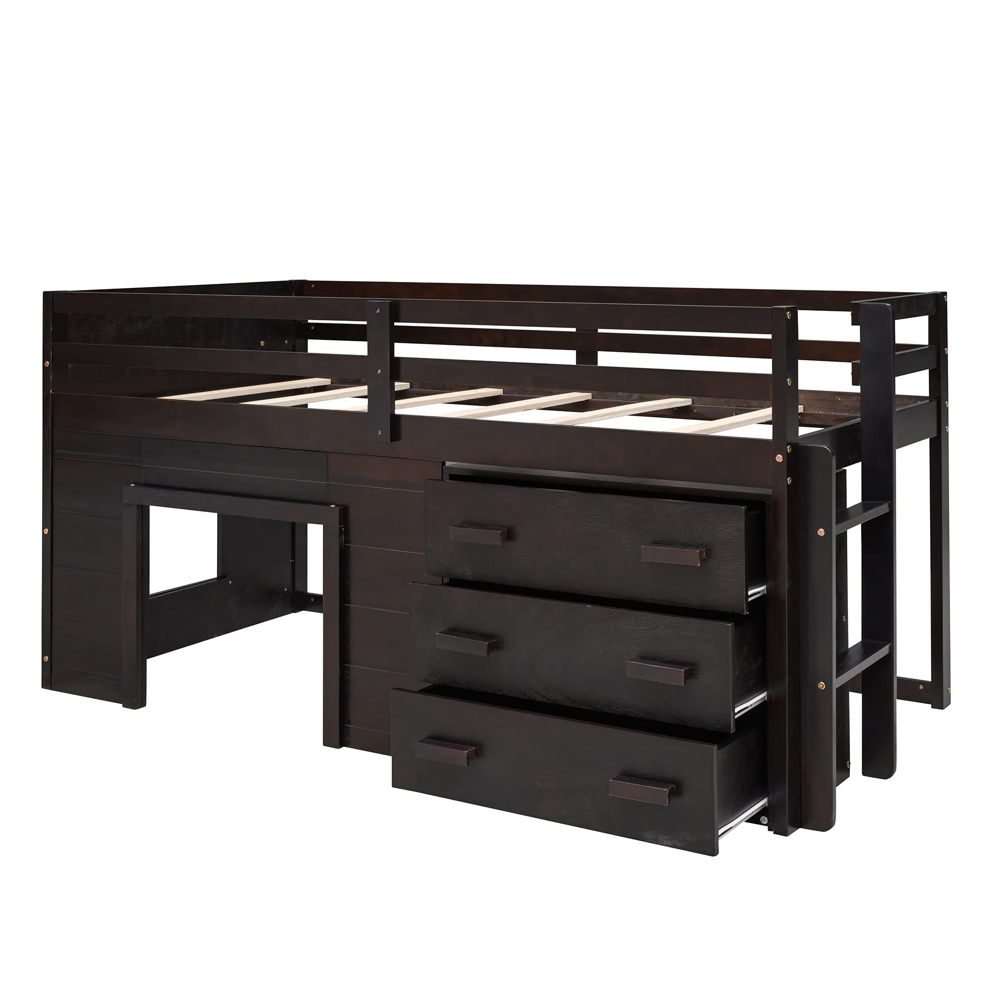 Twin Loft Beds with Storage Drawers Low Loft Bed Frame with Cabinet and Bedside Tray Wood Farmhouse Loft Bed for Kids Girls Boys Teens, Espresso