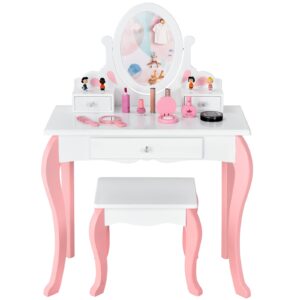 costzon kids vanity set with mirror, 2 in 1 princess makeup dressing table w/detachable top, toddler vanity with 360° rotating mirror, drawers & stool, pretend play vanity set for little girls, white