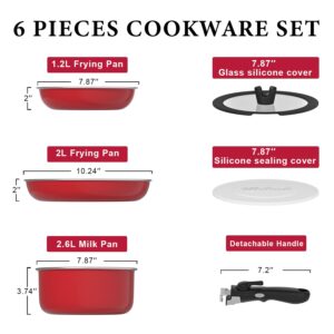 Motase 6pcs Pots and Pans Set, Nonstick Cookware Set Detachable Handle, Induction Kitchen Cookware Sets Non Stick with Removable Handle, RV Cookware Set, Oven Safe, Red