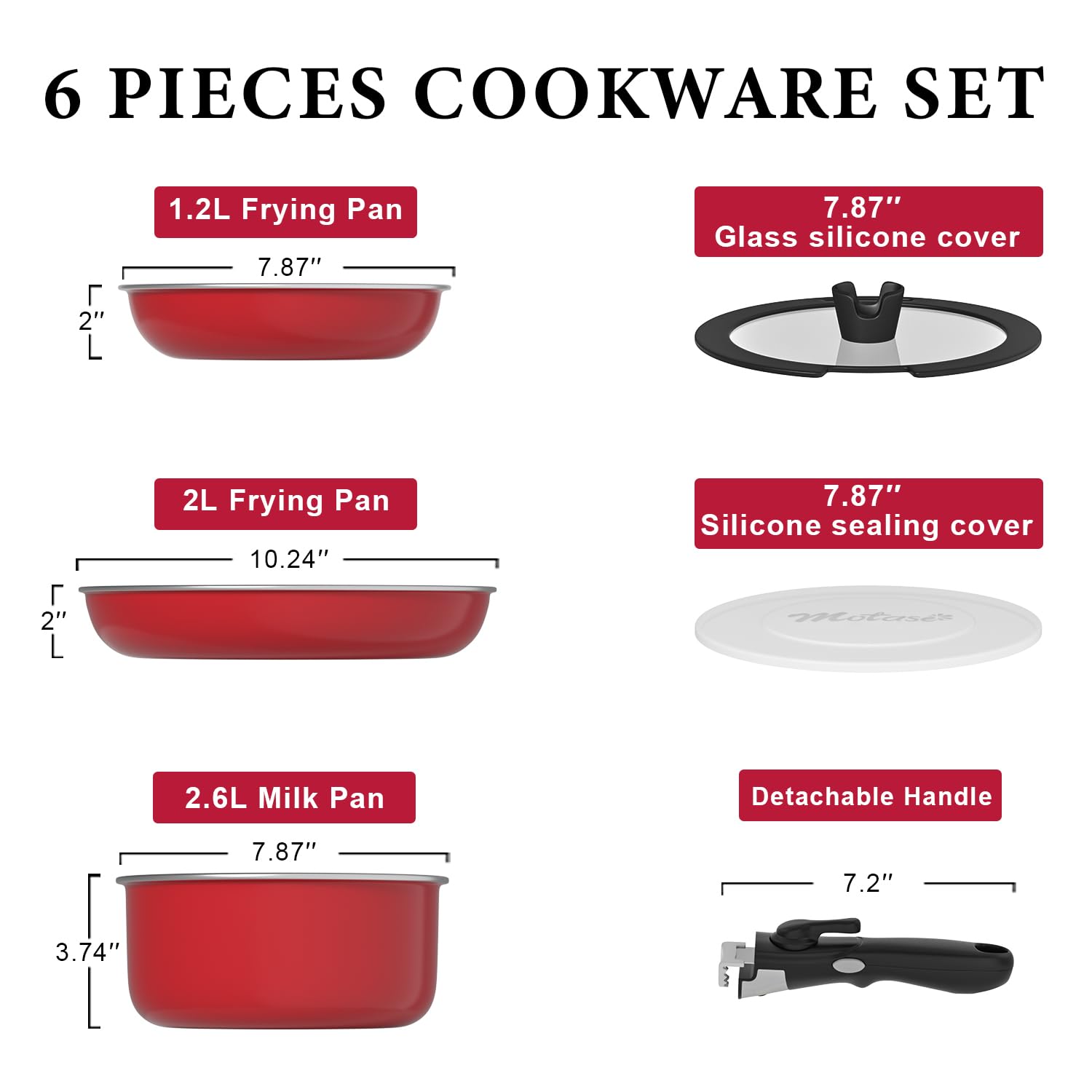 Motase 6pcs Pots and Pans Set, Nonstick Cookware Set Detachable Handle, Induction Kitchen Cookware Sets Non Stick with Removable Handle, RV Cookware Set, Oven Safe, Red