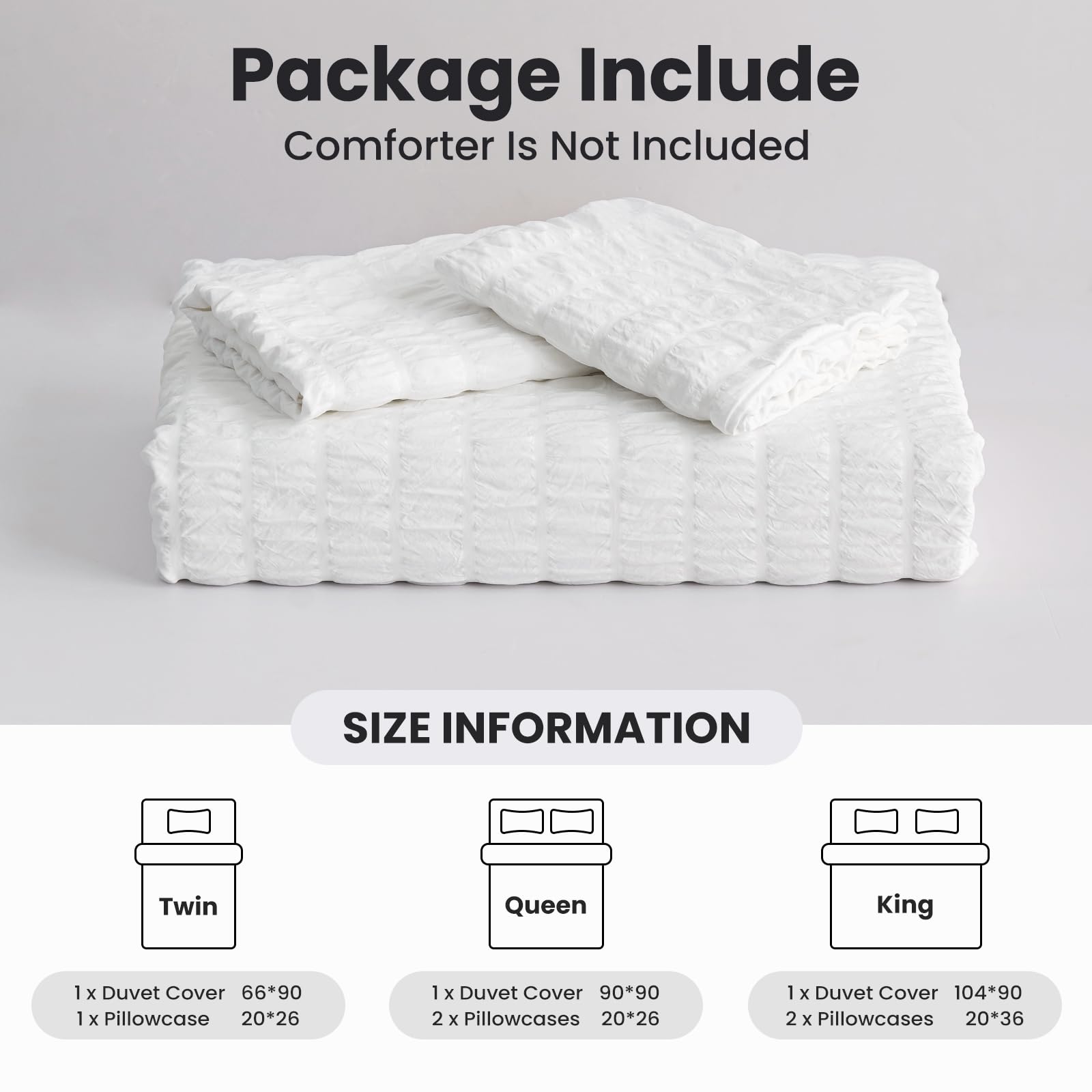 WARMDERN Duvet Cover Set Queen Size, 3pcs Washed Microfiber White Bedding Set, Soft Breathable Striped Textured Seersucker Duvet Cover with Zipper Closure & Corner Ties(White, Queen)