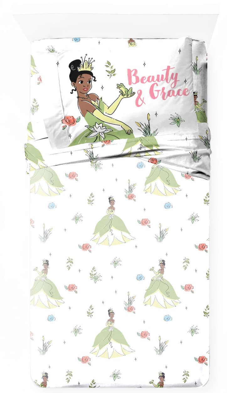 Jay Franco Disney The Princess and The Frog Beauty & Grace Twin Size Sheet Set - 3 Piece Set Super Soft and Cozy Kid’s Bedding Featuring Tiana - Fade Resistant Microfiber Sheets