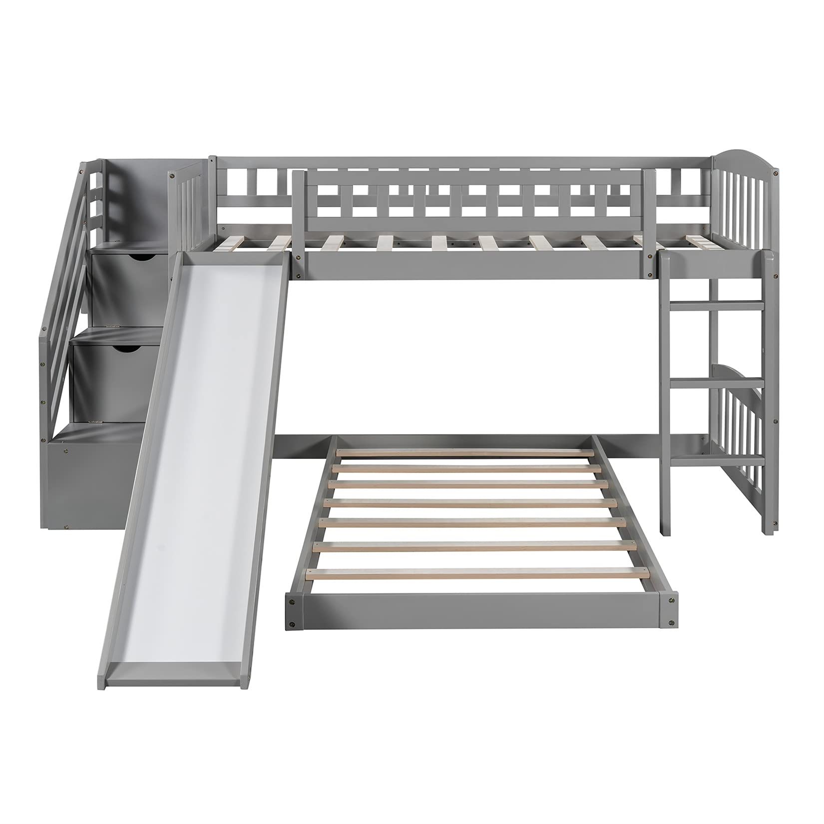 Bunk Beds with Slide Twin Over Twin Low Bunk Bed Frame with Storage Drawers Stairway Wood Bunk Bed for Kids Boys Girls, Gray