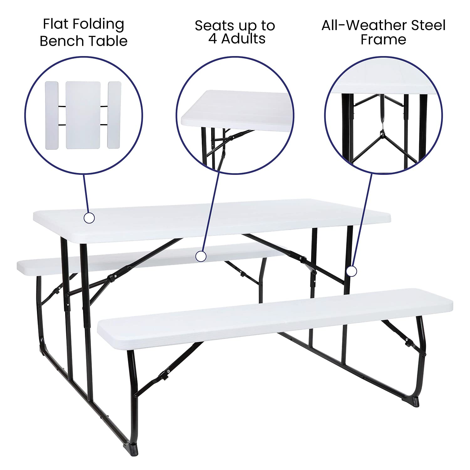 Flash Furniture Insta-Fold Picnic Table - White Wood Grain Folding Picnic Table Bench Set for Adults - 4.5 Foot Folding Table