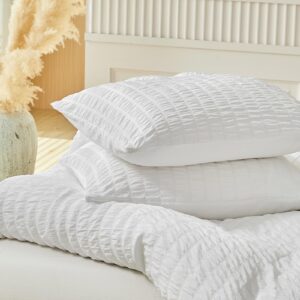 WARMDERN Duvet Cover Set Queen Size, 3pcs Washed Microfiber White Bedding Set, Soft Breathable Striped Textured Seersucker Duvet Cover with Zipper Closure & Corner Ties(White, Queen)