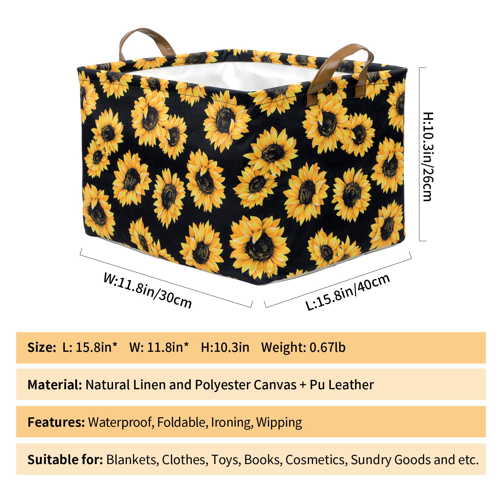 Sunflowers Storage Bin Basket Collapsible with Leather Handles Waterproof Canvas Storage Cube Box for Closet Toys Clothes Nursery Room Gift Basket