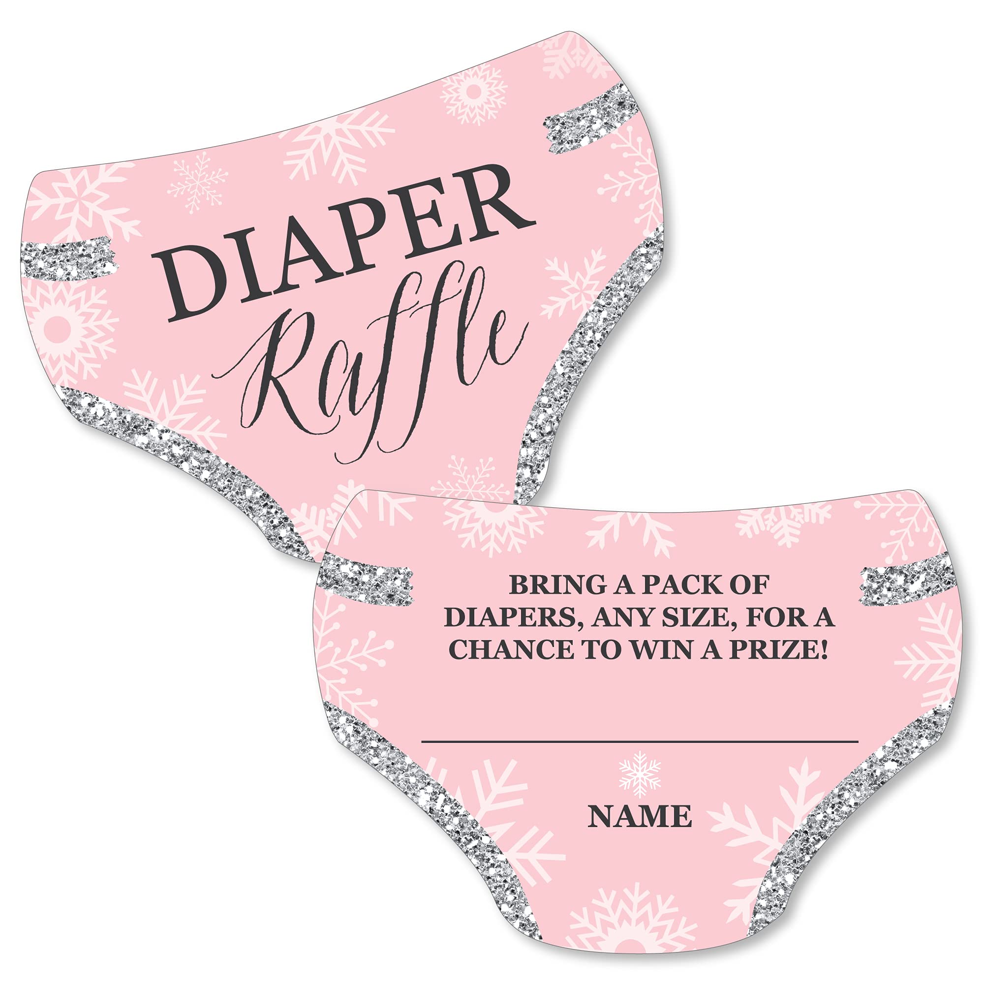 Big Dot of Happiness Pink Winter Wonderland - Diaper Shaped Raffle Ticket Inserts - Holiday Snowflake Baby Shower Activities - Diaper Raffle Game - Set of 24