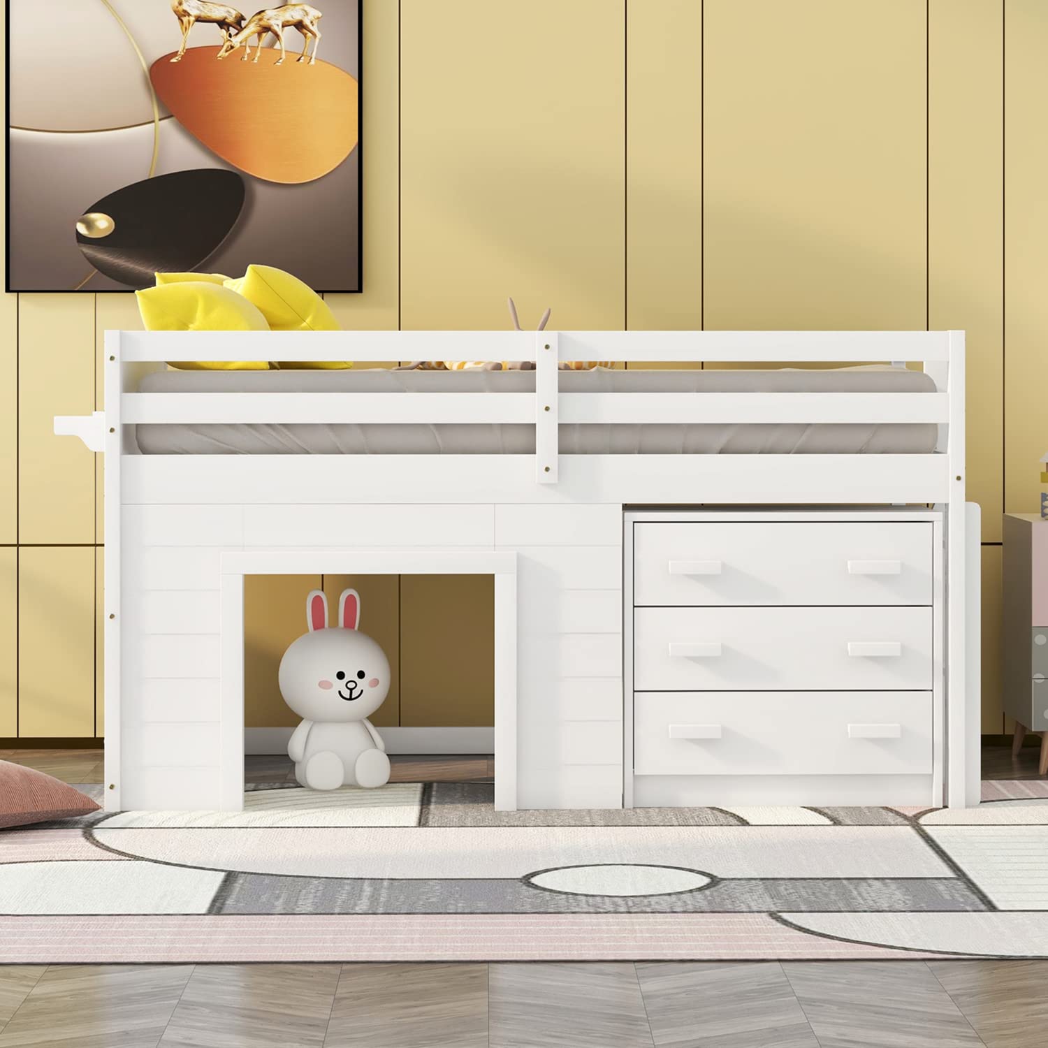 Bellemave Low Loft Beds with 3 Drawers Twin Loft Bed Frame with Cabinet and Bedside Tray Wood Farmhouse Loft Bed for Kids Girls Boys Teens, White