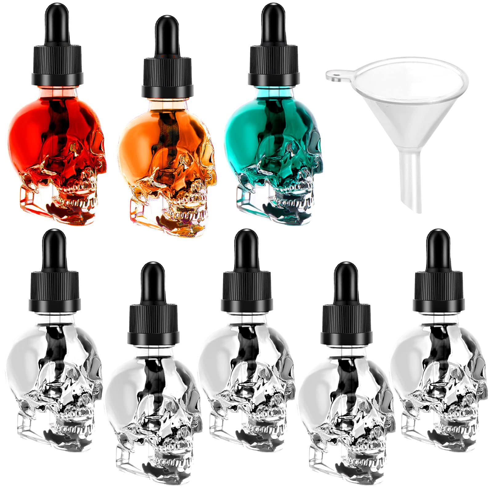 8 Pcs 1oz Skull Glass Dropper Bottles Empty Refillable Bottles Clear Skull Head Glass Bottle Liquid Bottling Dispensing Bottle with Eye Dropper Pipettes for Essential Oil/Beauty Oil Mix Dispenser,30ml