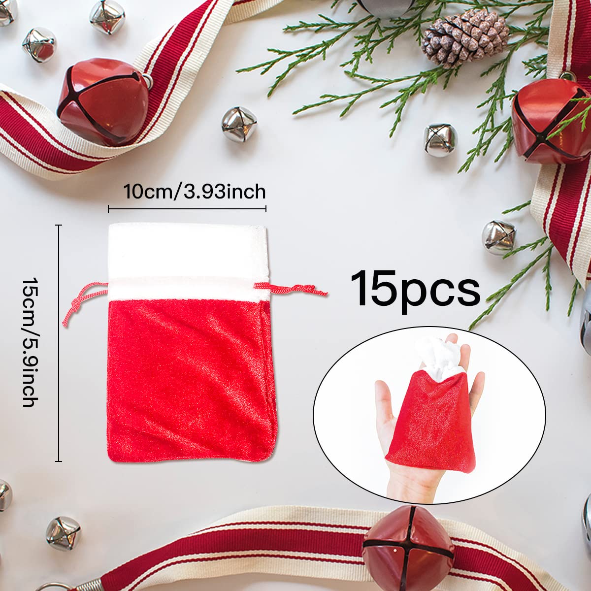 15 Pieces Christmas Velvet Drawstring Bag Red Christmas Tree Ornament Drawstring Gift Bags Velvet Santa Gift Wrap Bags Christmas Decorations Pouch Packaging Drawstring Bag for Christmas Decor Storage