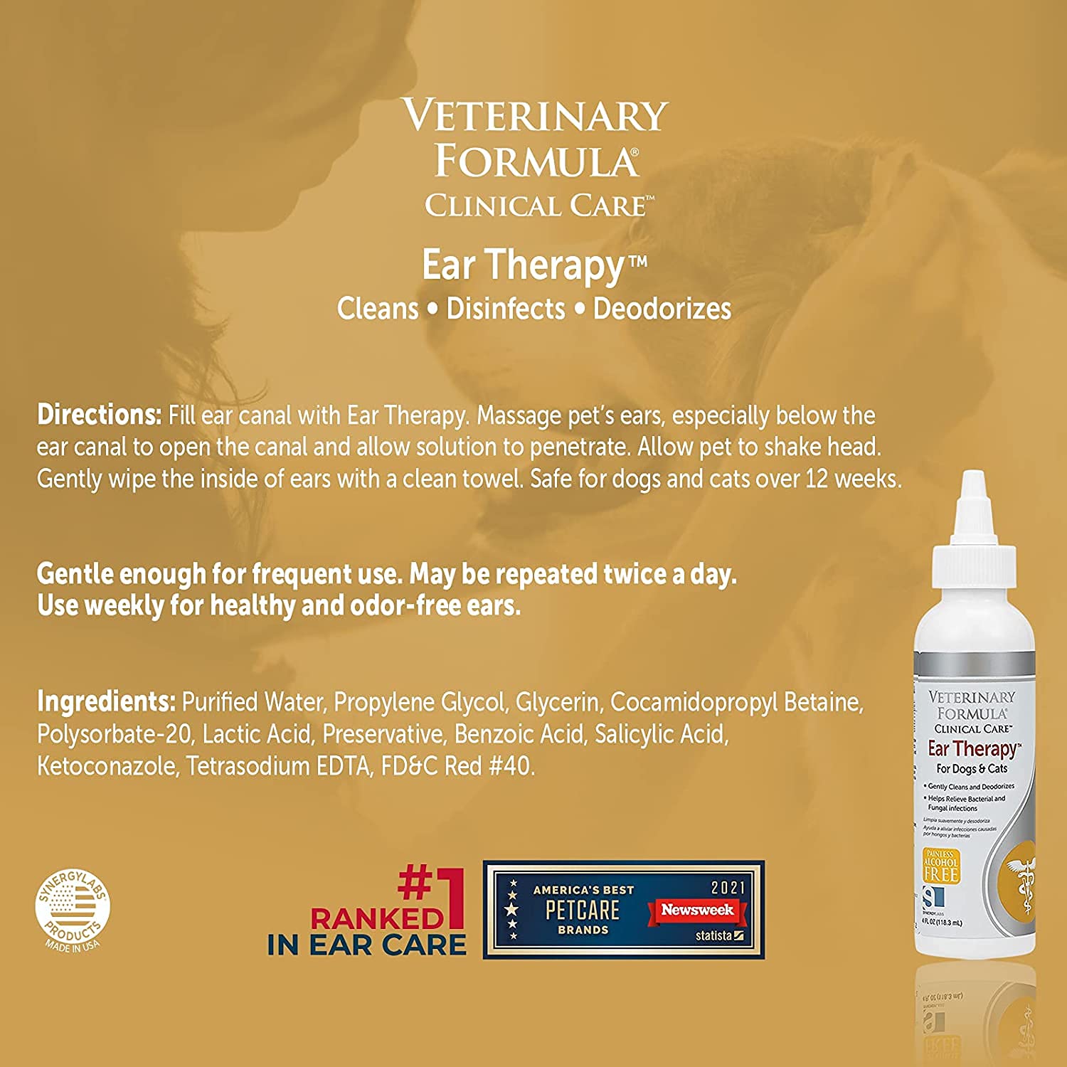 Veterinary Formula Clinical Care Ear Therapy, 4 oz. – Medicated Ear Drops to Help Relieve Bacterial and Fungal Infections in Dogs and Cats – Cleans and Deodorizes – 3 Pack