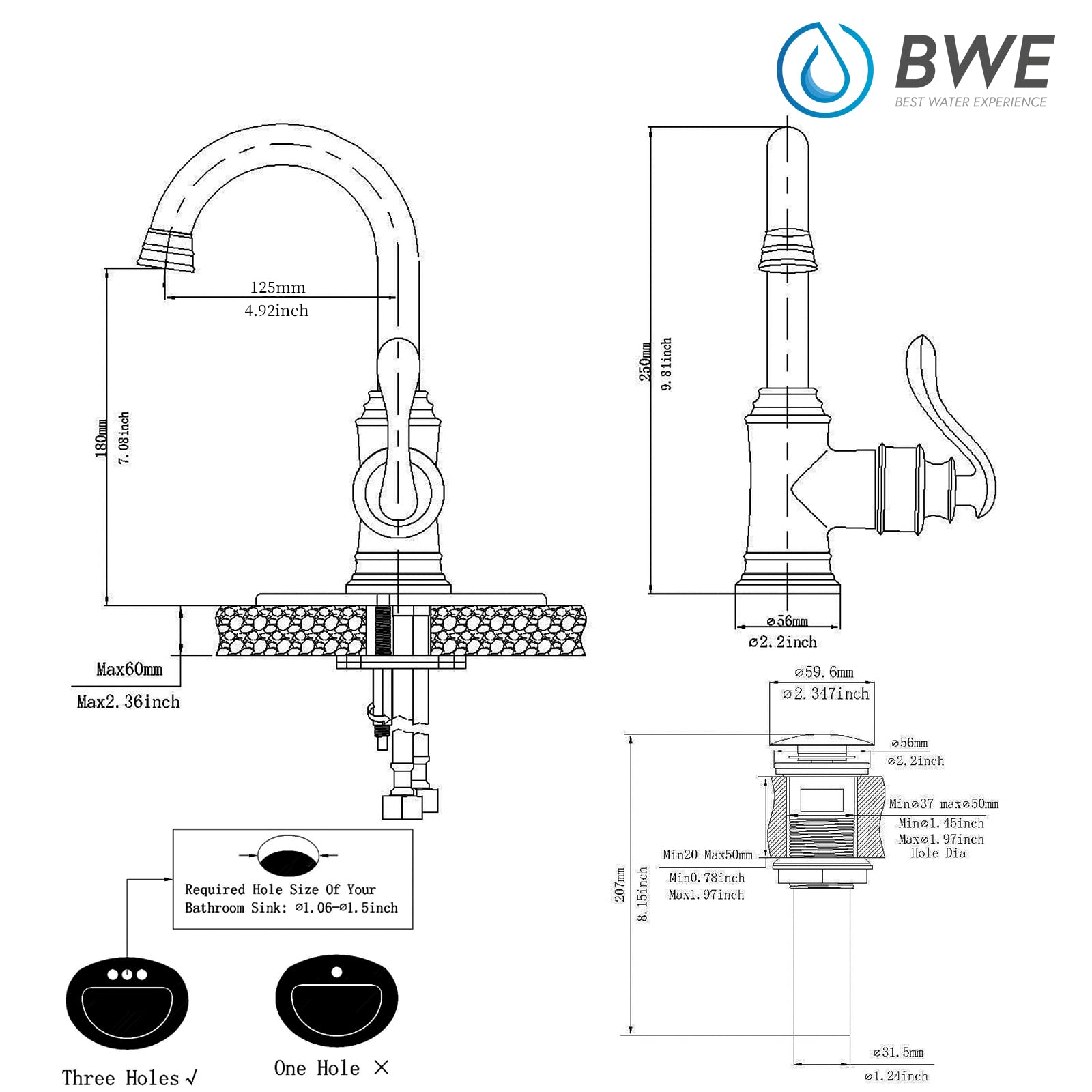 BWE Bathroom Sink Faucet 1 Hole Single Handle Brushed Nickel Bar Sink Faucet Swivel Spout with Pop Up Drain with Overflow and Supply Line Small RV Kitchen Faucet Mixer Tap