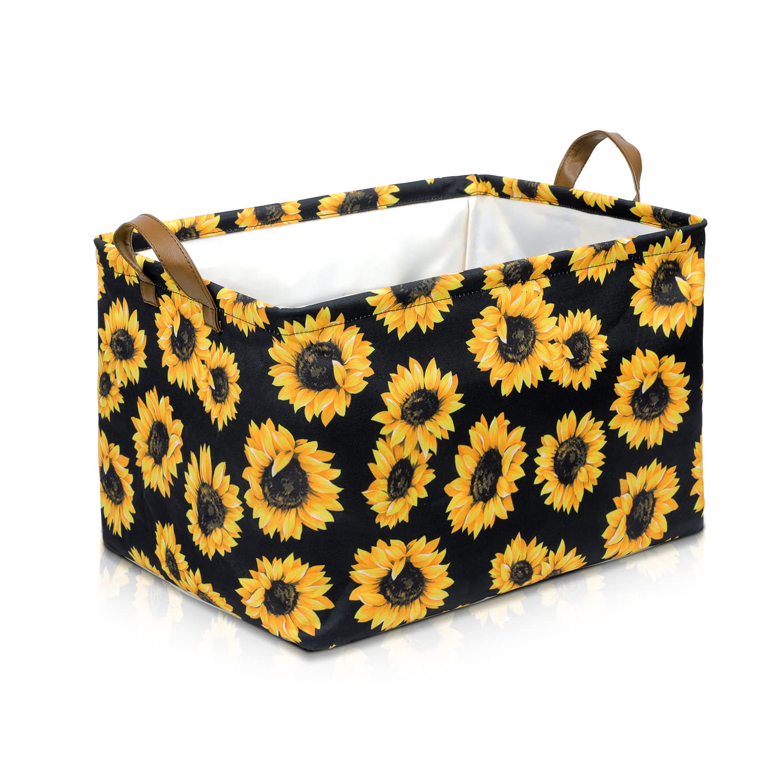 Sunflowers Storage Bin Basket Collapsible with Leather Handles Waterproof Canvas Storage Cube Box for Closet Toys Clothes Nursery Room Gift Basket