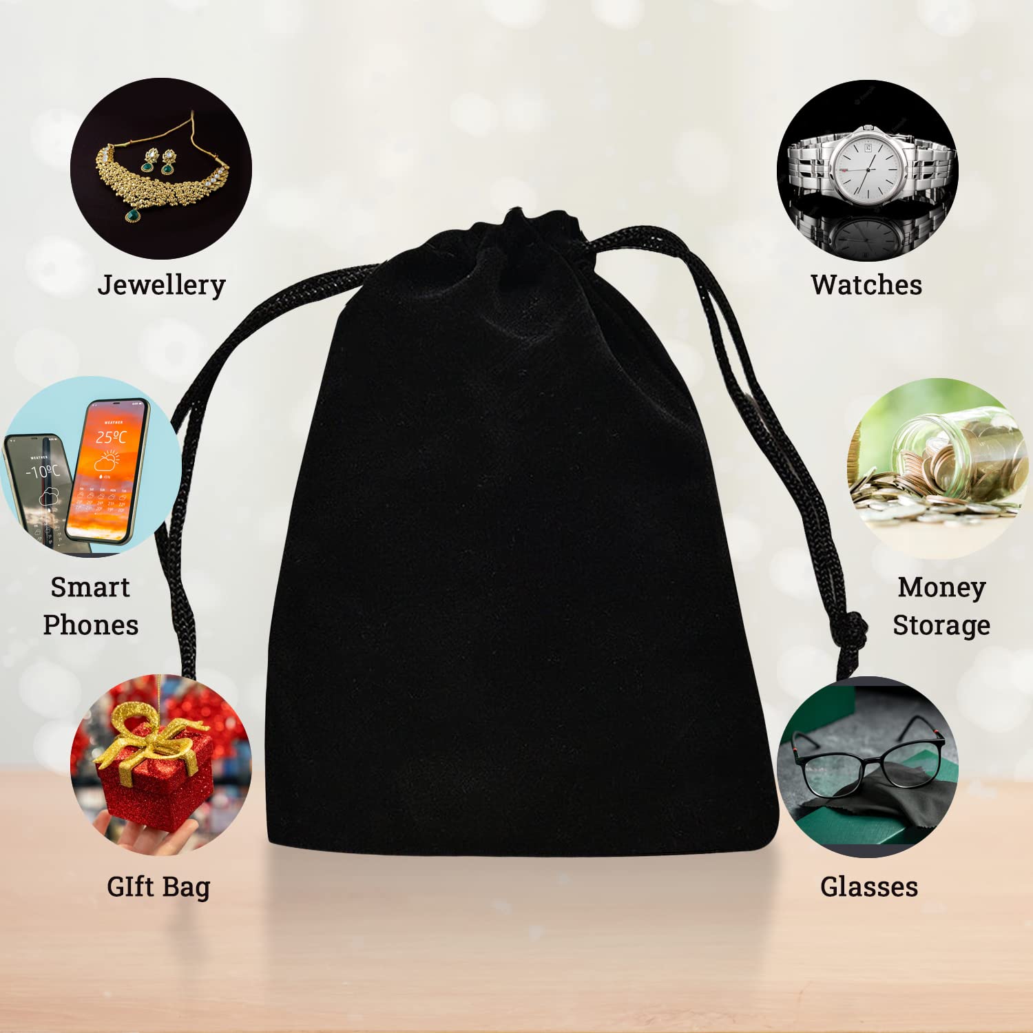 Drawstring Pouch, Black Velvet Bag for Jewelry, Gift Bag, Shoes, Food, Clothes with Flexible Uses 10 x 10 Inch (Black, 10x10 Inch, 4 Pieces)