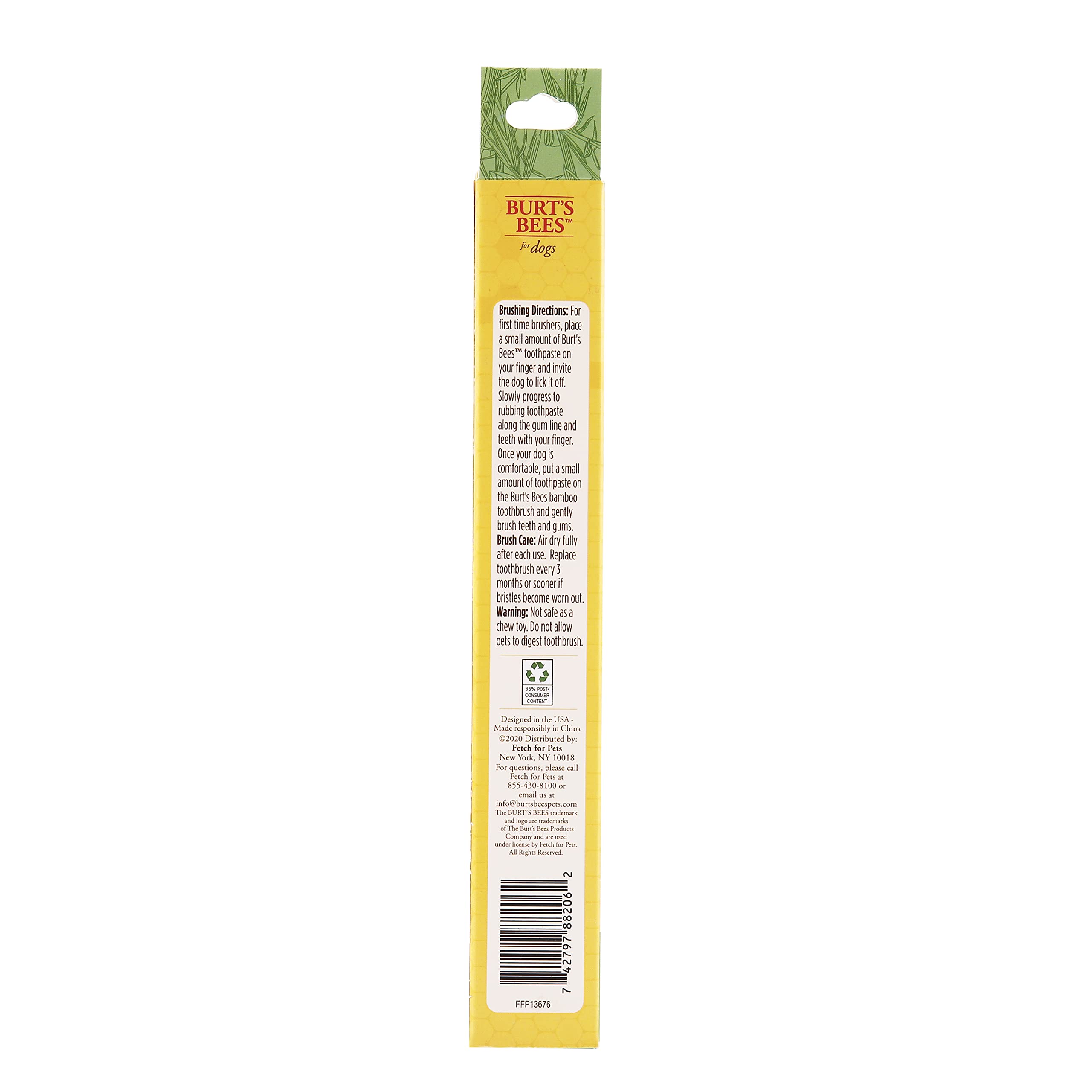 Burt's Bees for Pets Bamboo Bristle Dog Toothbrush - Naturally Derived Dog Toothbrush Made from Bamboo - BPA Free, Ergonomic Handle Toothbrush for Dogs, Bamboo Dog Toothbrush