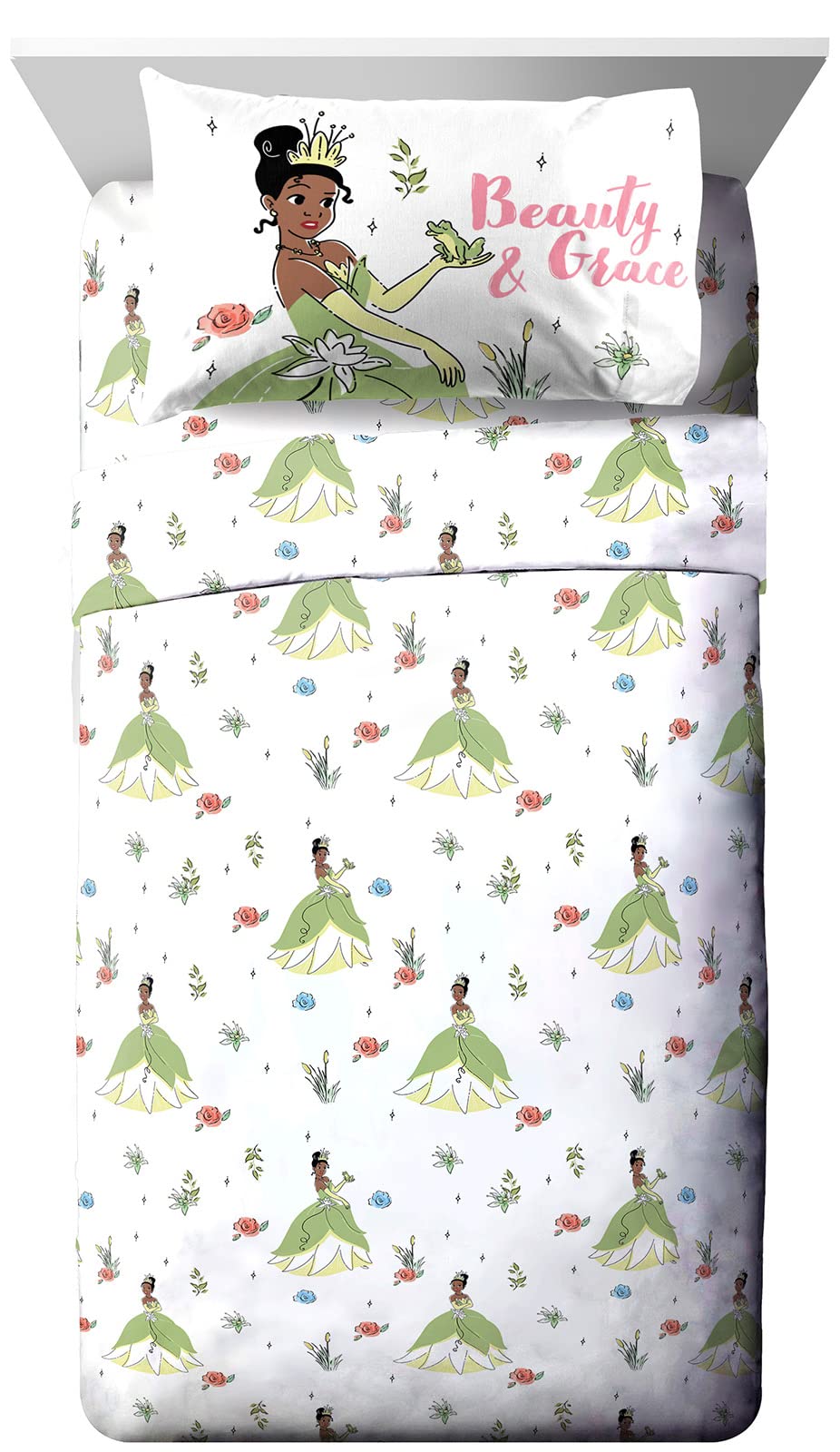 Jay Franco Disney The Princess and The Frog Beauty & Grace Twin Size Sheet Set - 3 Piece Set Super Soft and Cozy Kid’s Bedding Featuring Tiana - Fade Resistant Microfiber Sheets