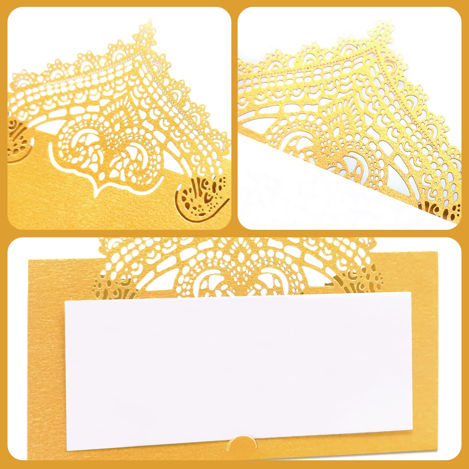 50 PCS Laser Cut Wedding Place Cards Tented Name Card Folded Cards Blank Cardstock for Wedding, Banquet tables,Table Setting, Buffet, Baby Shower, Bridal Shower Gold