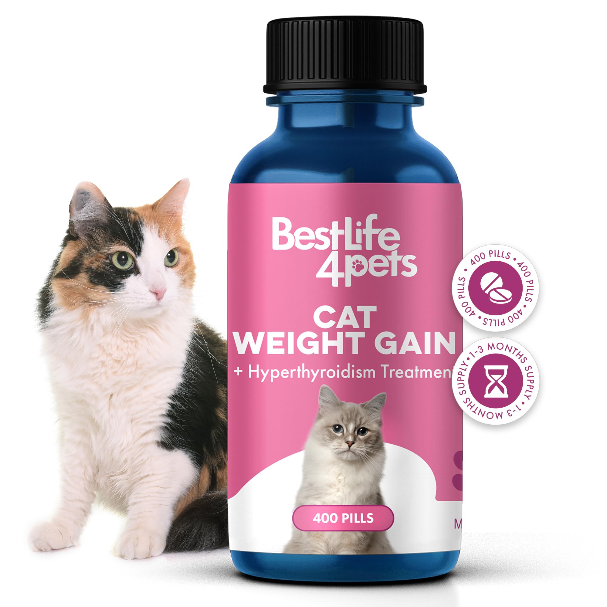 Cat Weight Gain & Hyperthyroidism Treatment - Safe and Effective Cat Appetite Stimulant, Thyroid and Metabolic Support, and Cat Weight Management Remedy - 400 All-Natural Odorless, Tasteless Pills