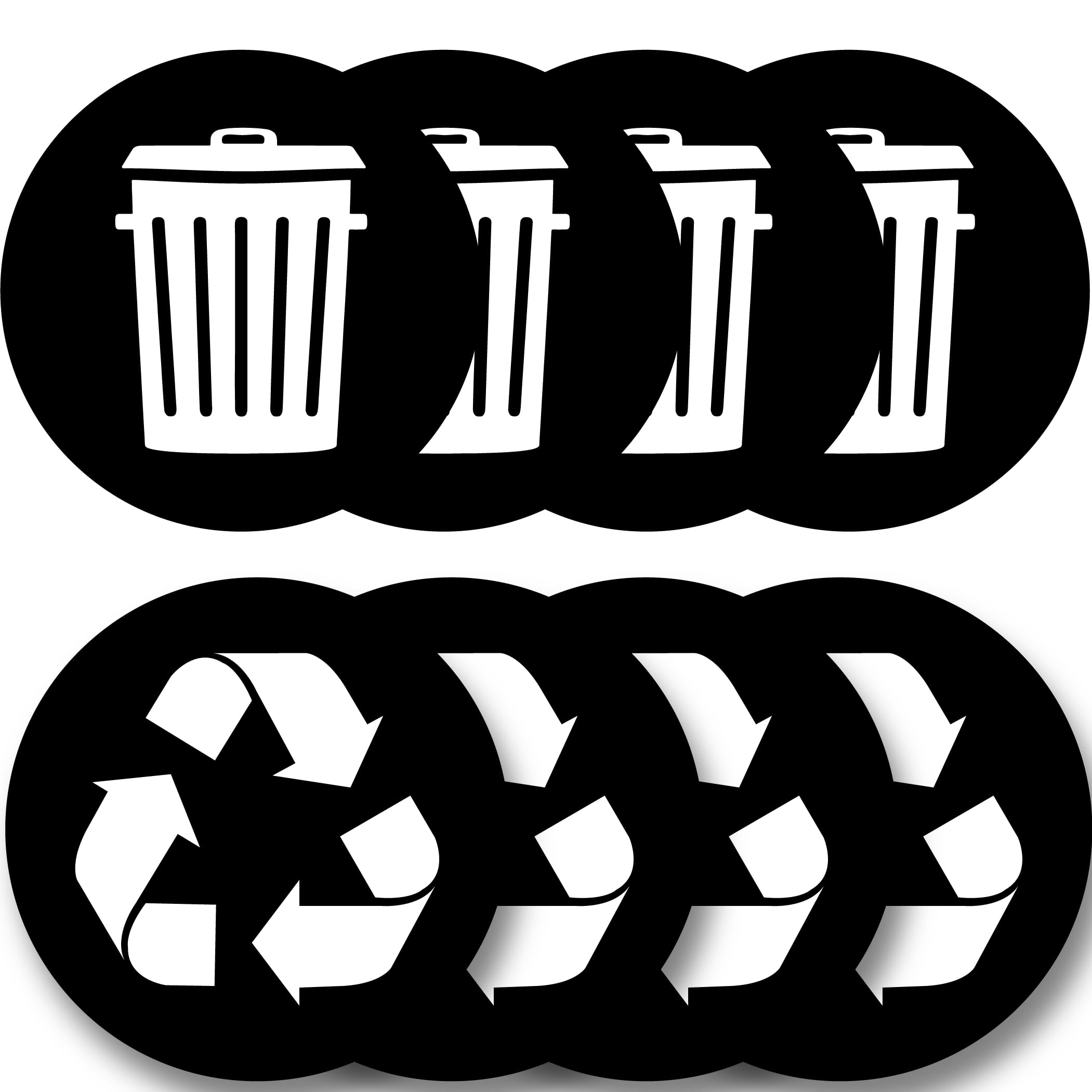 Recycle and Trash Logo Stickers 8 Pack - 2.5in Circle - for Metal or Plastic Garbage cans, and Bins - Indoor & Outdoor - Laminated and UV Protected Premium Decal (Black, XSmall)